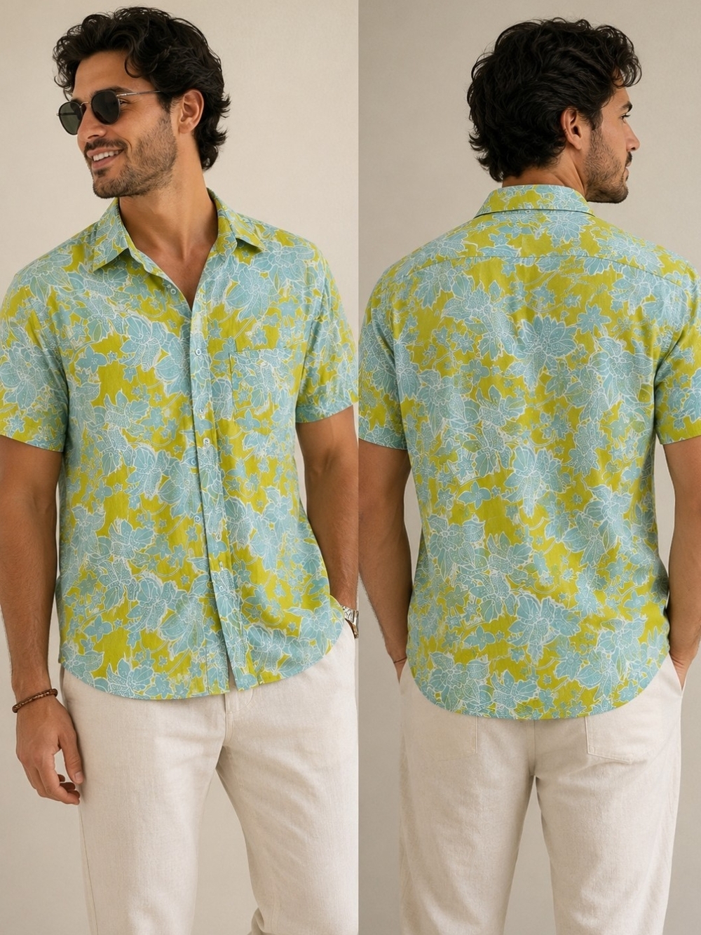 Men's Short-Sleeve Floral Shirt - Yellow & Light Blue